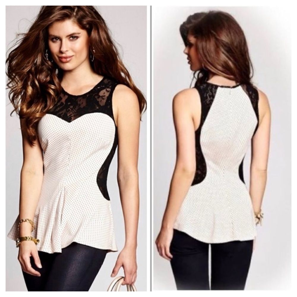Guess Polkadot Peplum Sleeveless Blouse Pink With Black Lace Detail Size XSmall